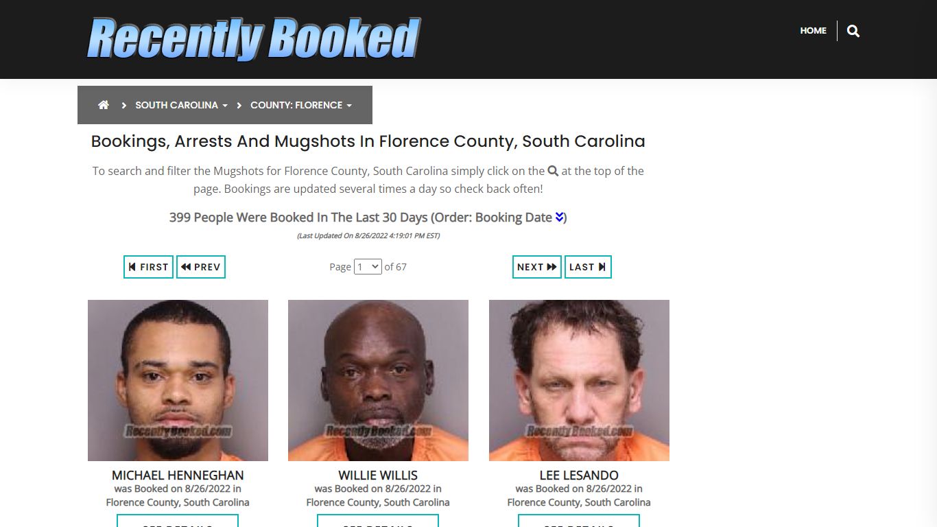 Bookings, Arrests and Mugshots in Florence County, South Carolina